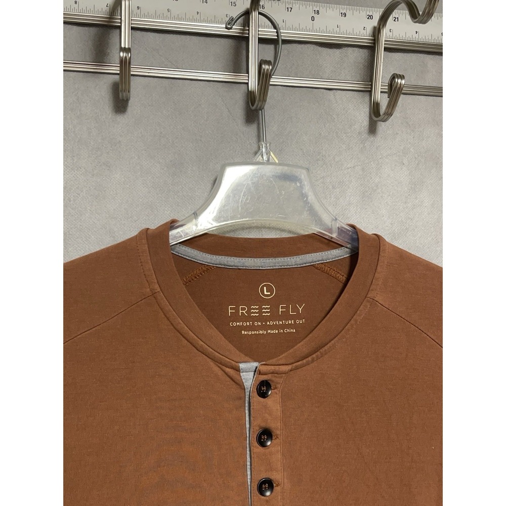Free Fly Shirt Men L Brown Henley Bamboo Blend Stretch Active Workout L/S Tee - Picture 6 of 8